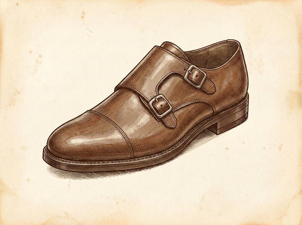 pen-and-ink sepia illustration of a double monk strap shoe, two polished buckles visible, minimal composition on aged parchment background, no text, no mangled objects