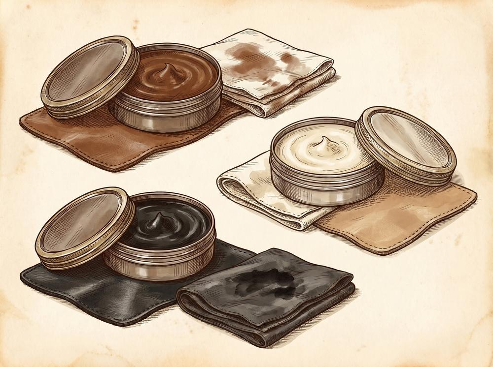Pen-and-ink illustration of leather shoe polish tins in varied colours