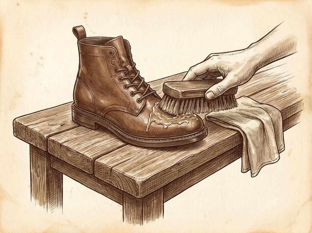Illustration for Leather Shoe Waterproofing: The Definitive Seasonal Protection Guide. A single scene on a wooden bench. No tins, jars, bottles, containers of any kind, no labels, no lettering.