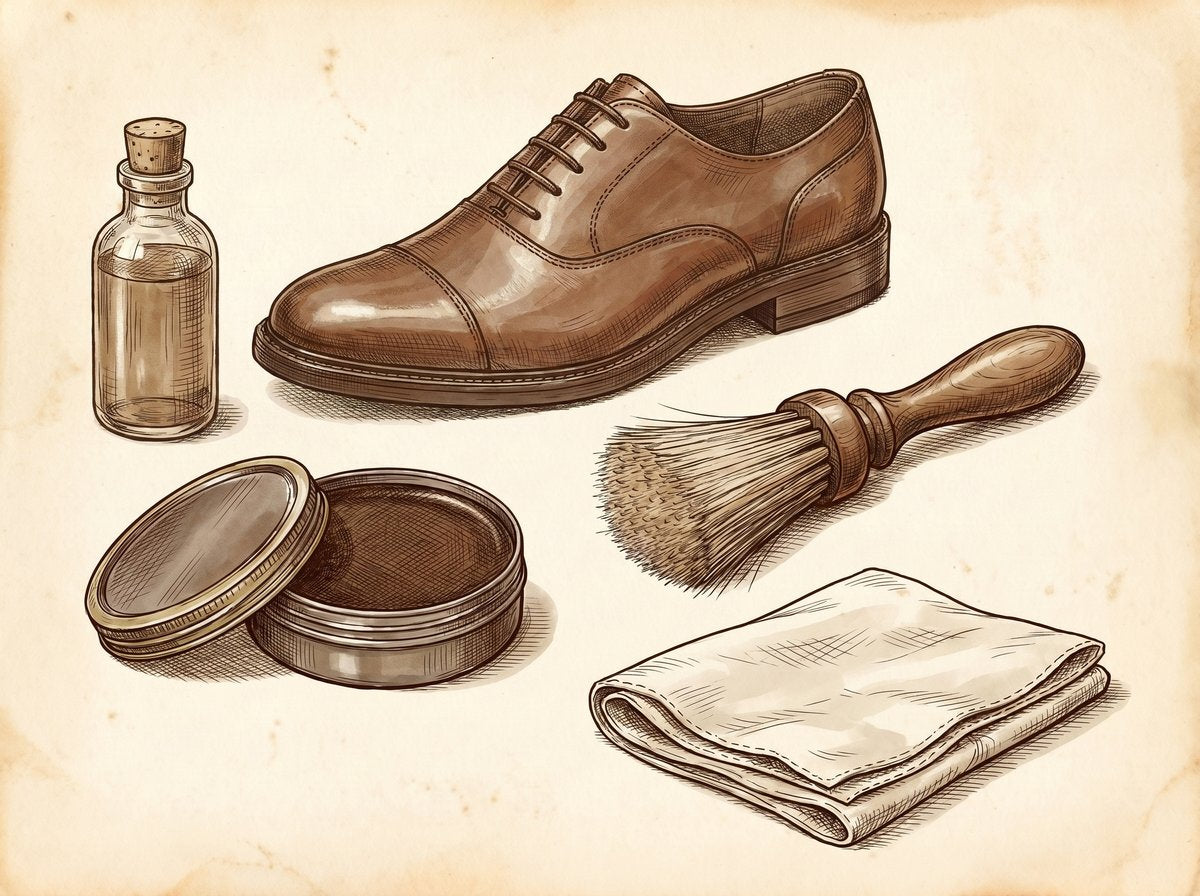 Polished leather oxford with shoe-care arsenal — wax polish tin, horsehair brush, polishing cloth and leather conditioner