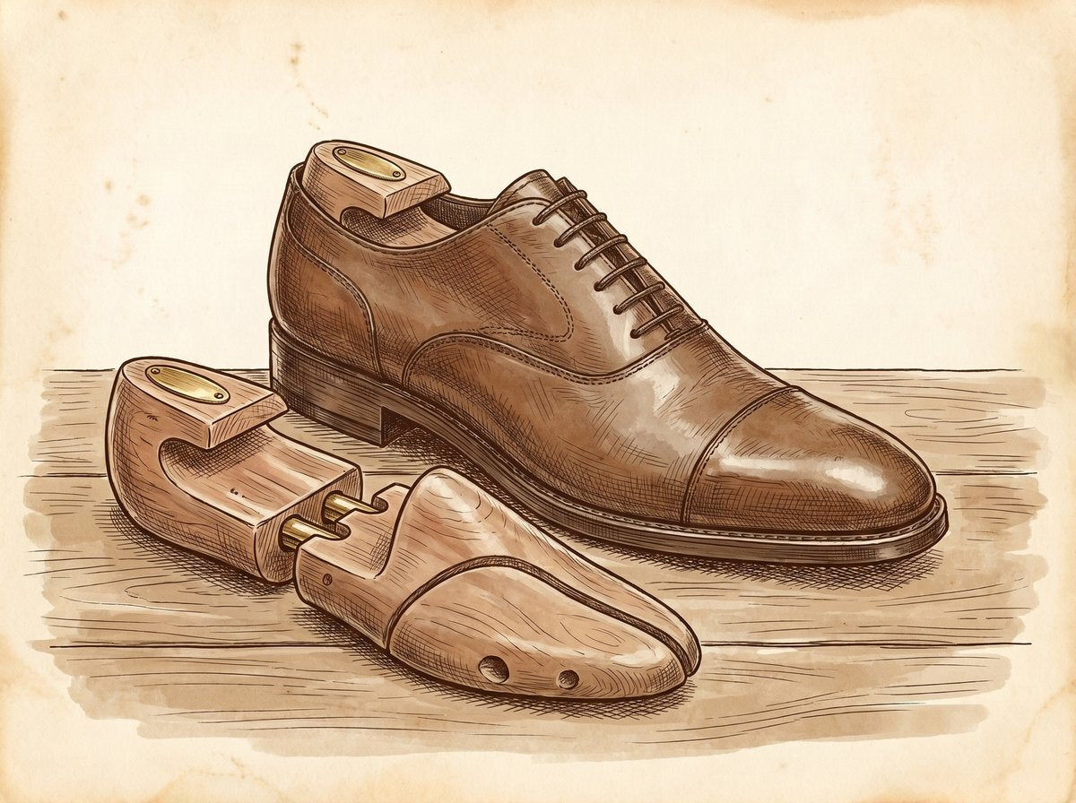 Cedar shoe trees inside a leather oxford with a second tree resting on a tailor's bench