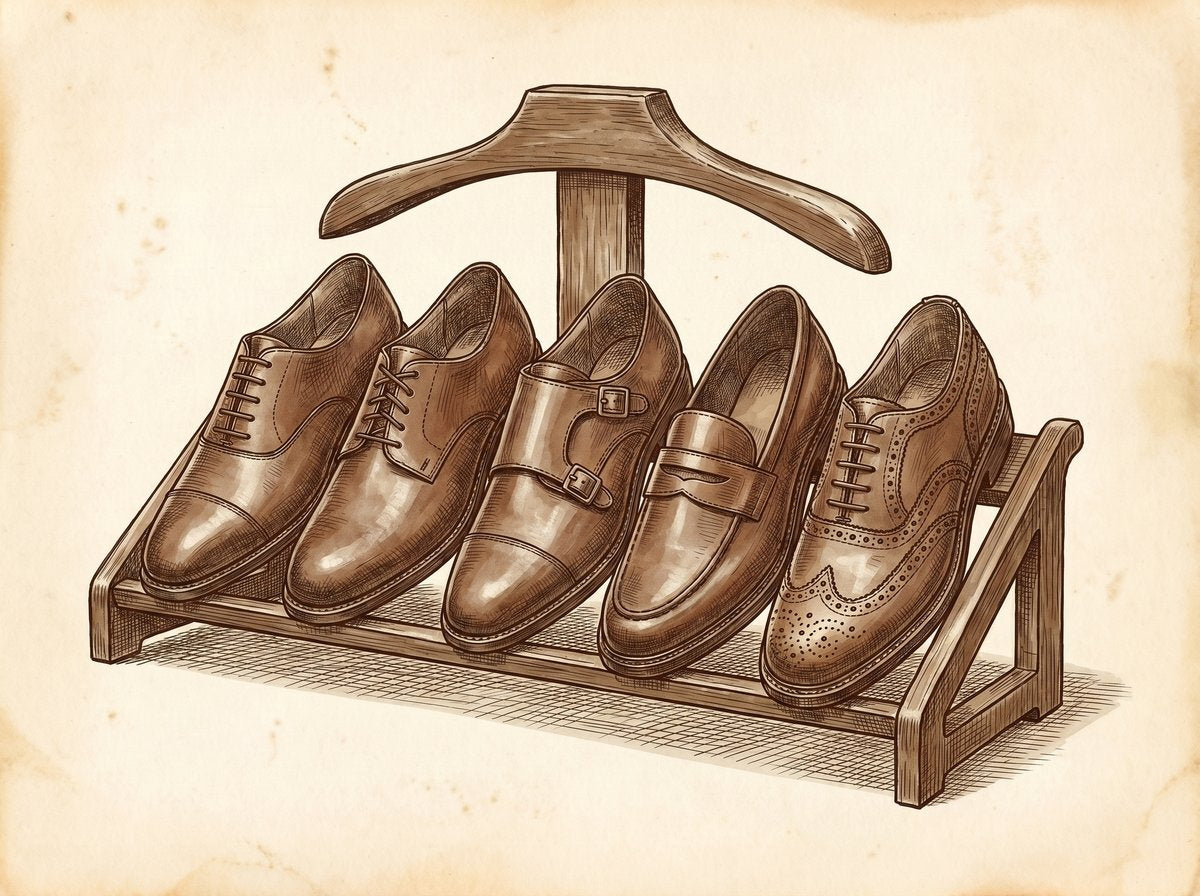 A vintage pen-and-ink illustration showing a lineup of men's shoes on a wooden valet stand. From left to right, an Oxford, a Derby, a Double Monk, a Penny Loafer, and a full Brogue, arranged in order of formality.