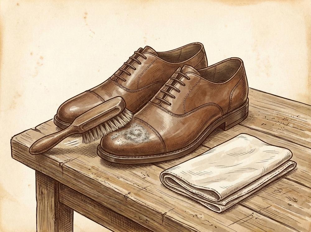 Brushing a grey mould bloom from the toe cap of a brown leather Oxford shoe