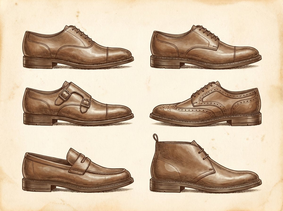 Six classic mens leather dress-shoe silhouettes — oxford, derby, brogue, monk strap, loafer, chukka boot