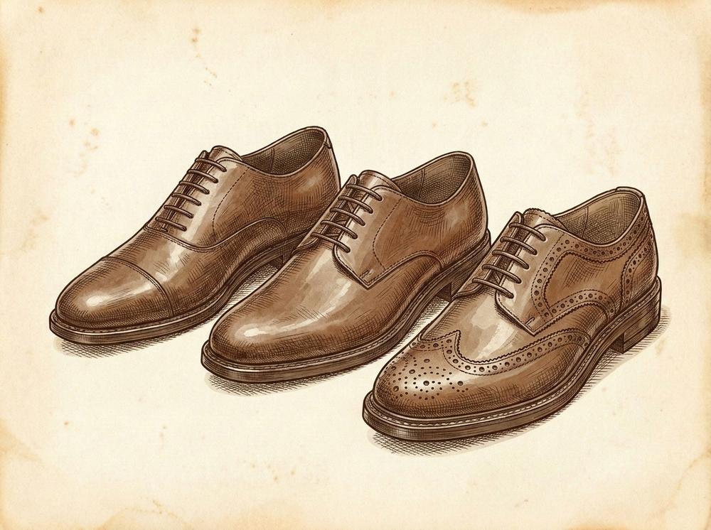 Pen-and-ink study of three classic British dress shoes arranged side by side on a plain surface — an Oxford, a Derby, and a brogue — sepia tones, heritage illustrative style, no text or labels