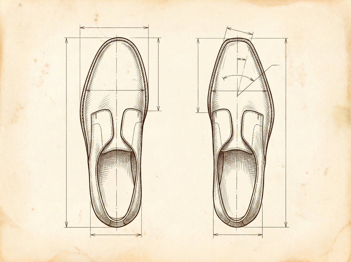 A vintage-style pen and ink technical drawing showing the top-down profile of a classic round toe shoe next to a chisel toe shoe, with faint measurement lines and annotations.