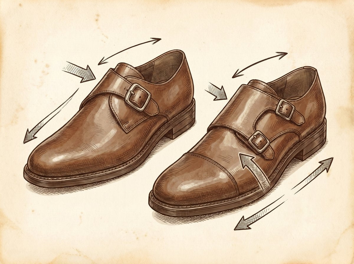 A vintage pen and ink technical illustration showing a side-by-side comparison of a single monk strap shoe and a double monk strap shoe. Arrows with handwritten notes point out the strap width, buckle placement, and overall silhouette.