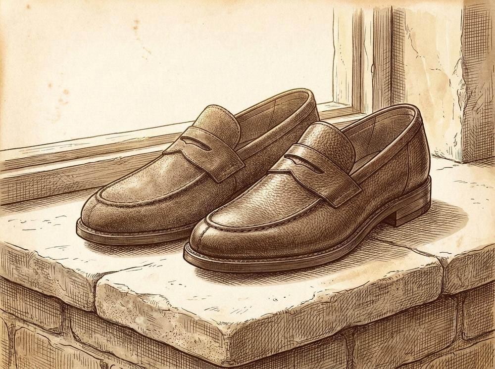 two loafers side by side on a stone windowsill — one in suede with a soft nap, one in grained leather — summer afternoon light, pen-and-ink line illustration, no text