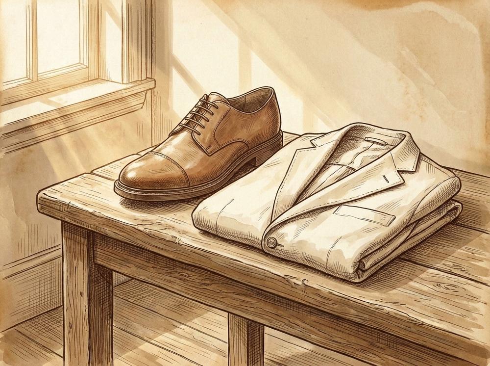 Tan leather Derby shoe and a folded cream linen jacket arranged on a weathered oak bench, sunlight through a window, pen-and-ink sepia illustration style