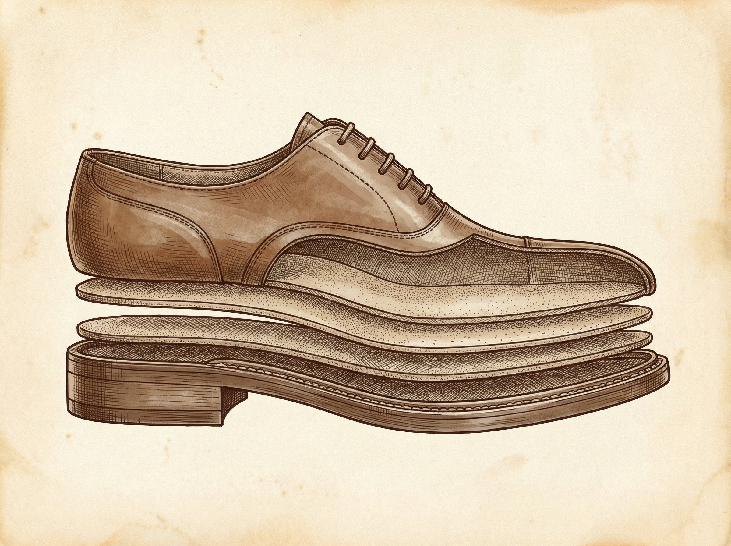 A detailed vintage pen and ink technical cross-section illustration of a handmade Goodyear-welted leather shoe