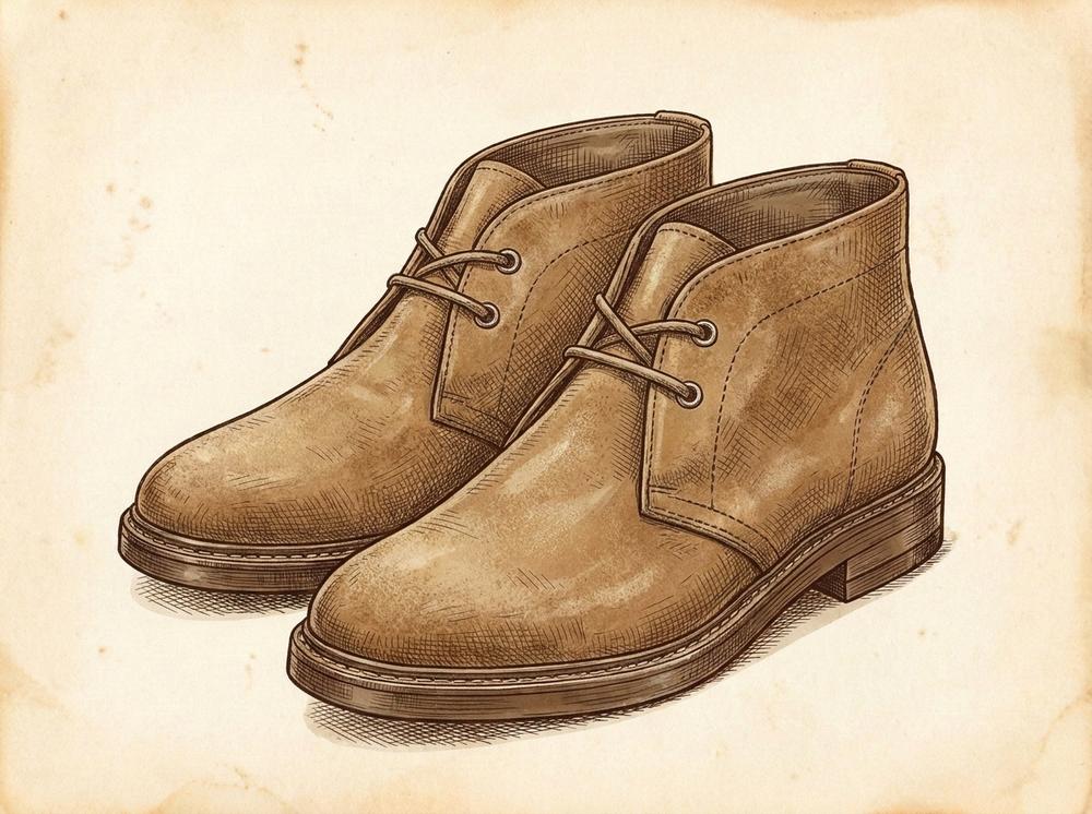 A pair of tan suede chukka ankle boots with two eyelets, pen-and-ink sepia illustration, clean white background, detailed stitching visible, minimal composition, no text, classic heritage aesthetic