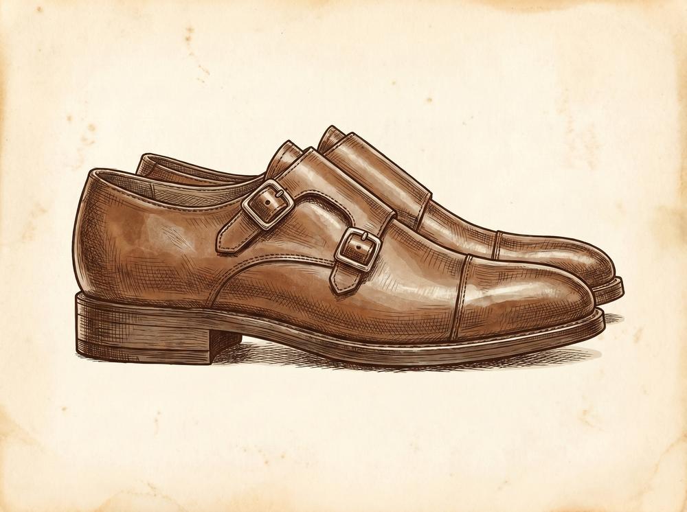 Double monk strap leather dress shoes with twin polished buckles, pen-and-ink style illustration, sepia tones, British heritage footwear, side profile view showing strap detail