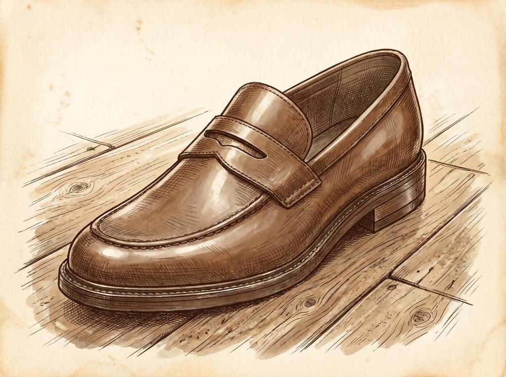 A sepia-toned close-up of a polished penny loafer on a wooden floor, the saddle strap and coin slot in sharp focus, soft afternoon light catching the grain of the leather — still life, no text