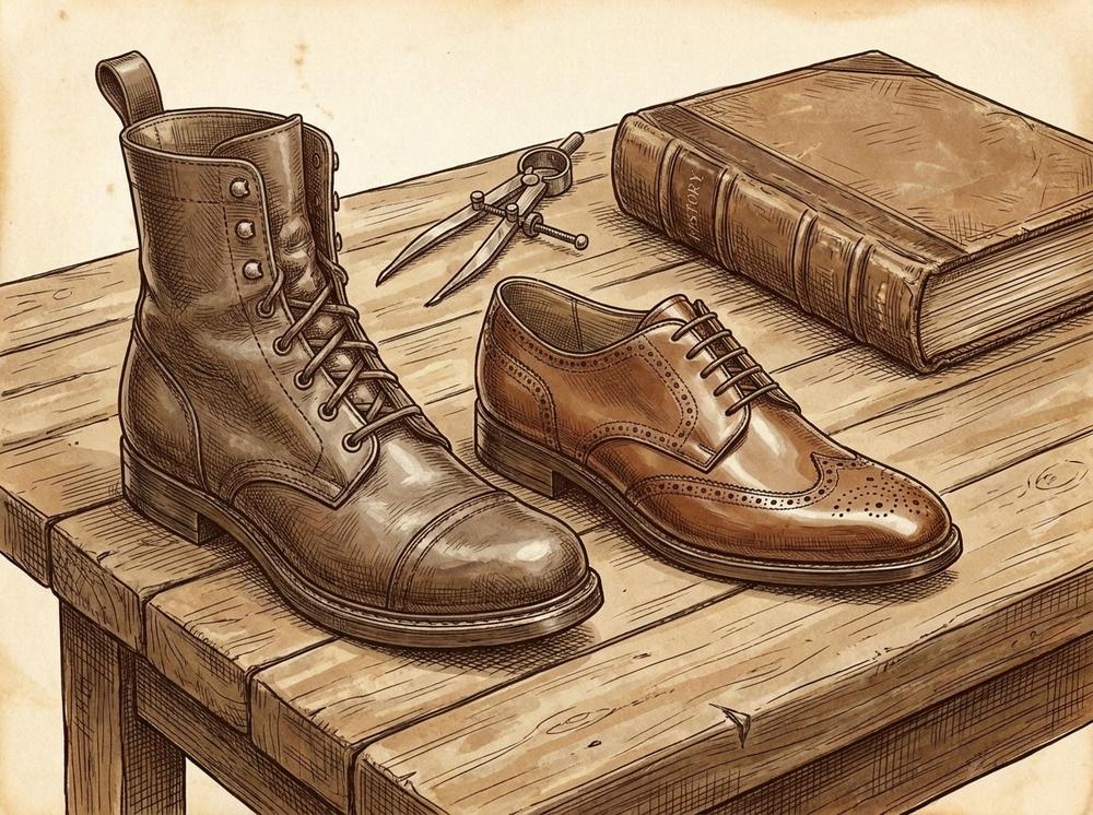 A vintage pen and ink illustration showing a 19th-century military boot with open lacing, placed next to a modern, elegant leather Derby shoe on a wooden workbench. A pair of antique calipers and a leather-bound history book are in the background.