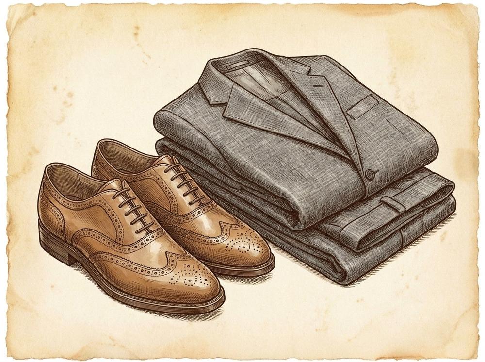 classic pen-and-ink illustration of a pair of tan Oxford dress shoes laid beside a folded grey flannel suit on an aged parchment background, heritage editorial style