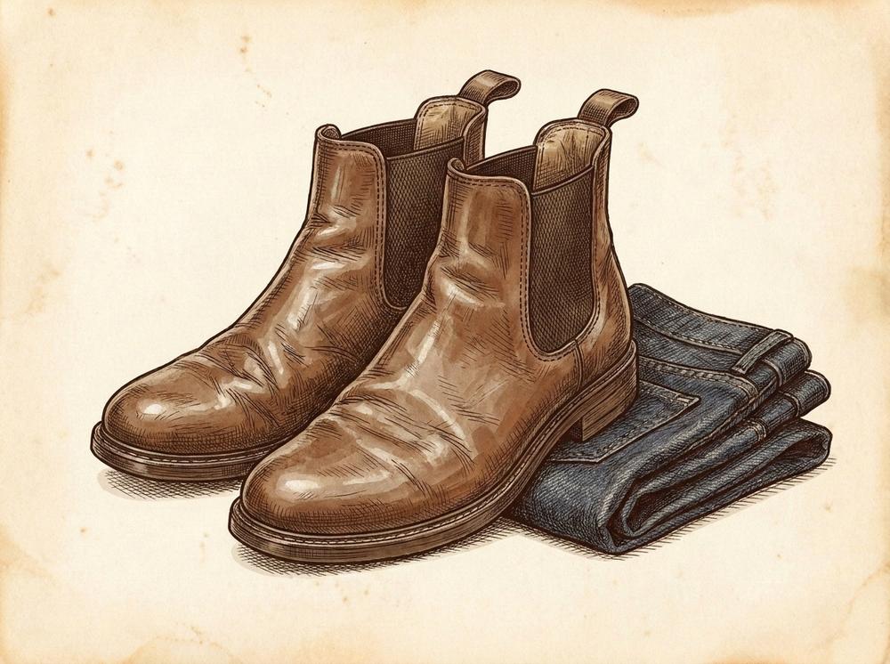 A pair of brown Chelsea boots resting against dark indigo denim fabric, pen-and-ink sepia illustration, heritage British style