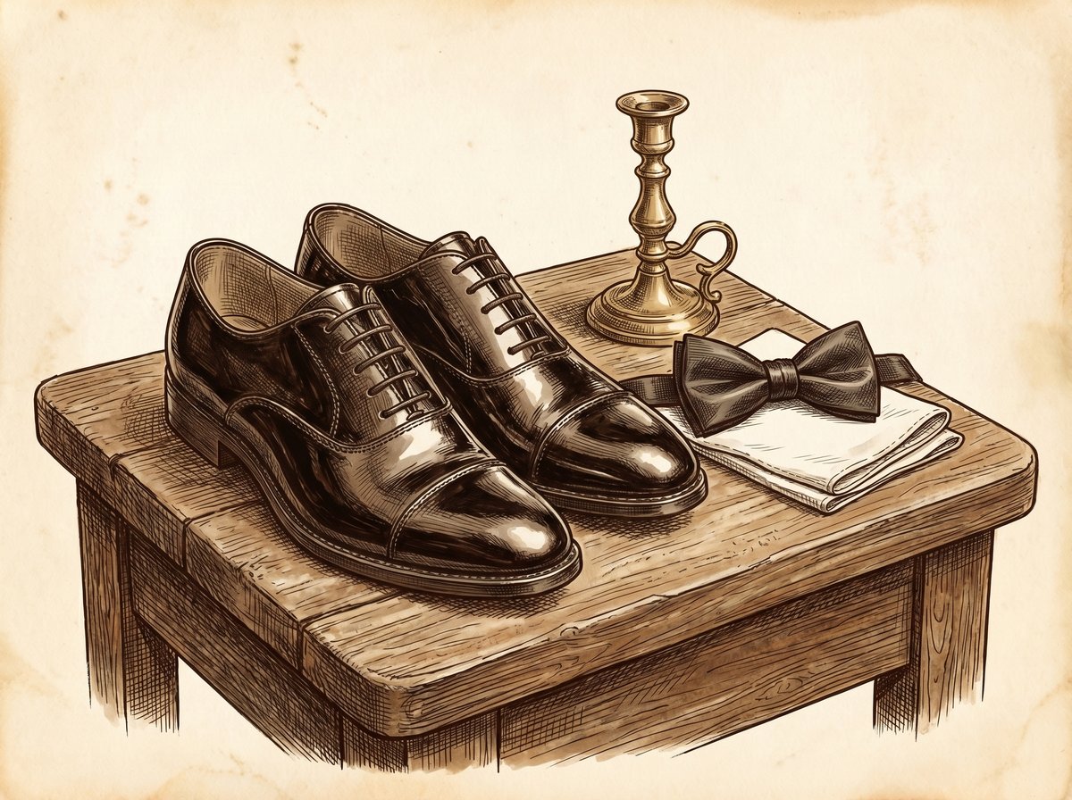 Vintage sepia pen and ink illustration of black patent leather Oxford cap-toe shoes with bow tie and pocket square — John White Shoes