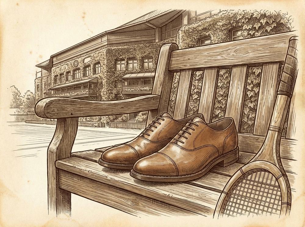 sepia pen-and-ink illustration of tan Oxford shoes on a wooden Wimbledon spectator bench, ivy-covered All England Club architecture in background, English summer afternoon atmosphere, tennis racket detail at edge of frame