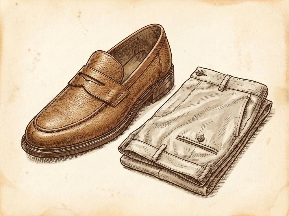 Tan tumbled grain loafer and folded stone linen trousers, fine pen-and-ink illustration, sepia wash, crisp detail