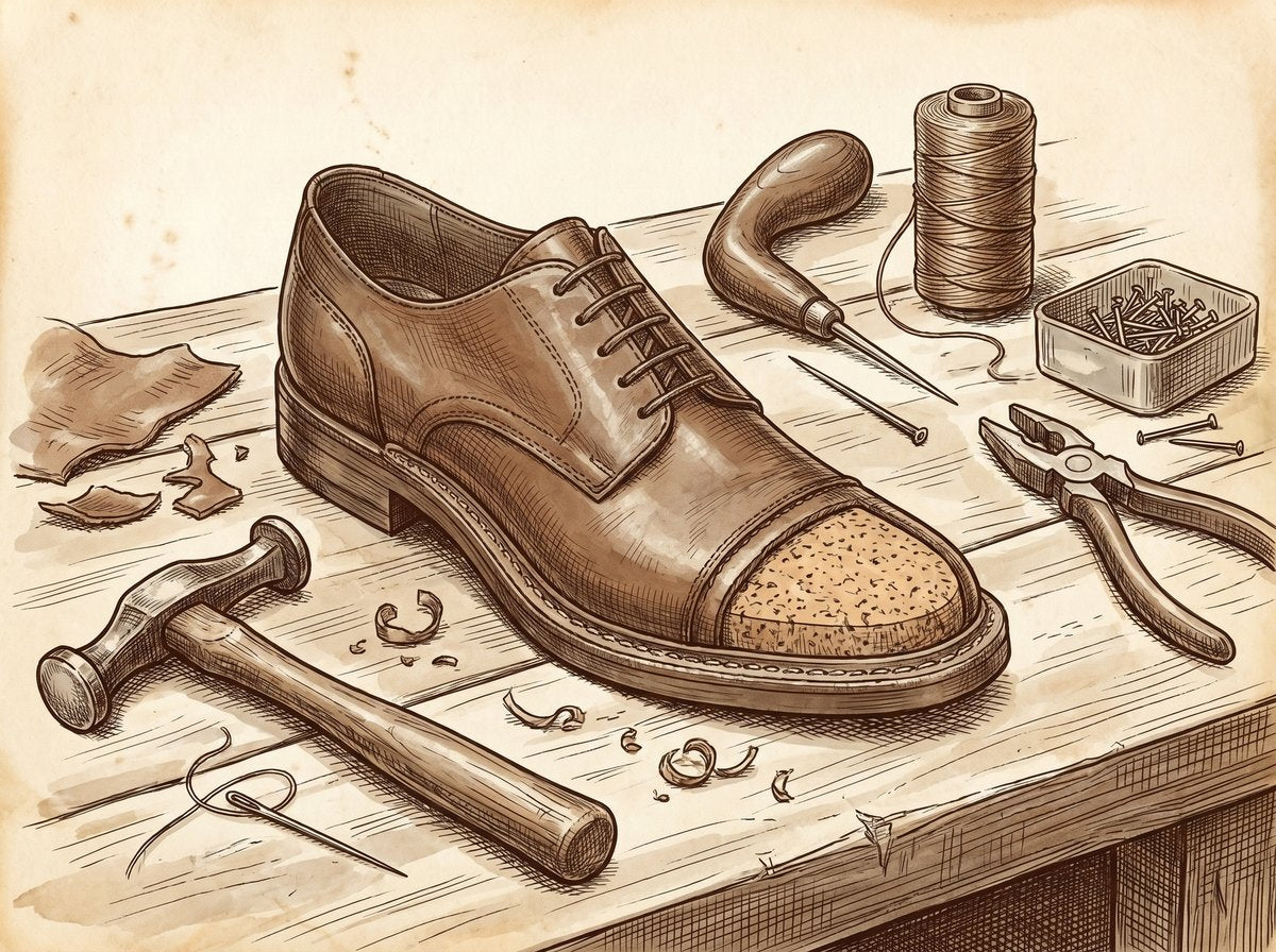 A detailed pen-and-ink drawing of a cobbler's workbench. Tools like an awl, hammer, and stitching thread are visible. A half-resoled Oxford shoe sits in the centre, showing the new cork bed and unstitched welt.