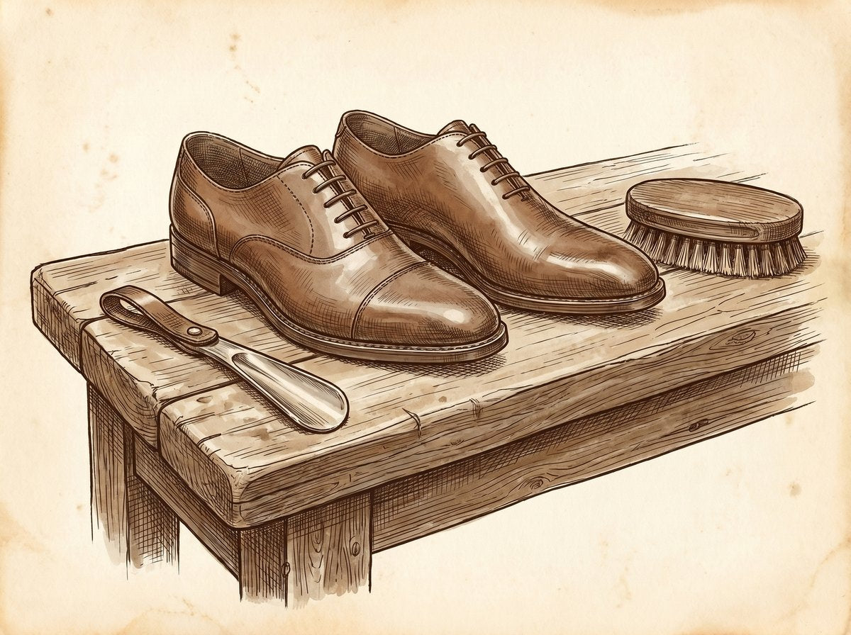 A vintage, cross-hatched ink illustration showing a cap-toe Oxford and a wholecut Oxford side-by-side on a wooden cobbler's bench, with a shoe horn and polishing brush nearby.