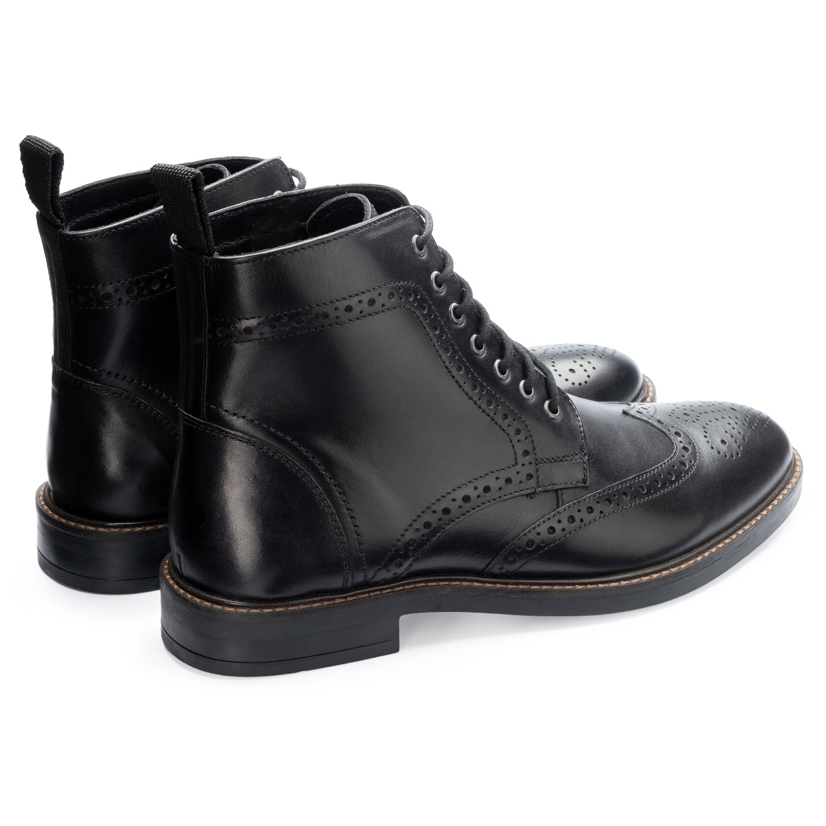 Aviemore Brogue Boot in Black, the pair shown from behind at three-quarter angle