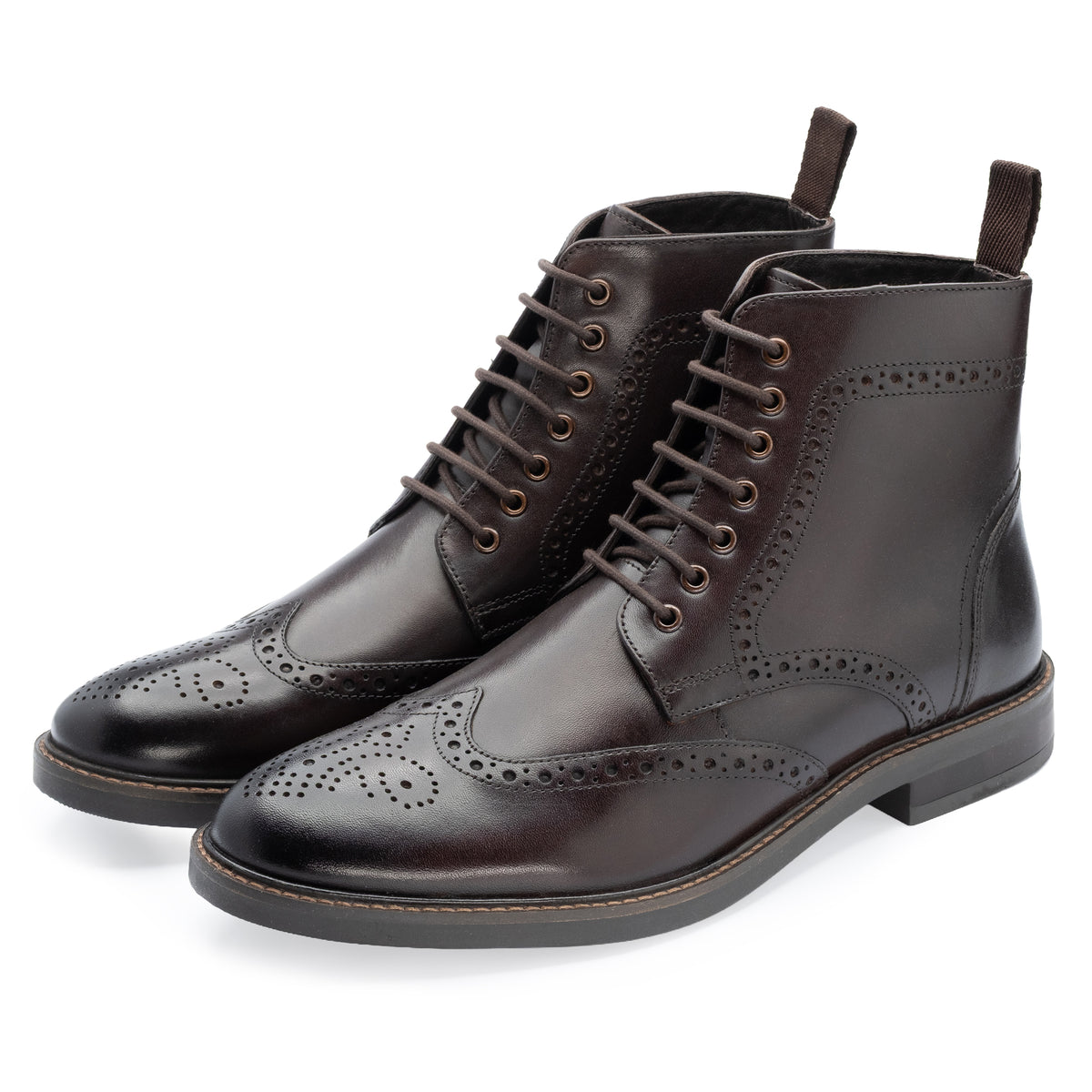 Aviemore Brogue Boot in Brown, the pair shown from the front at three-quarter angle