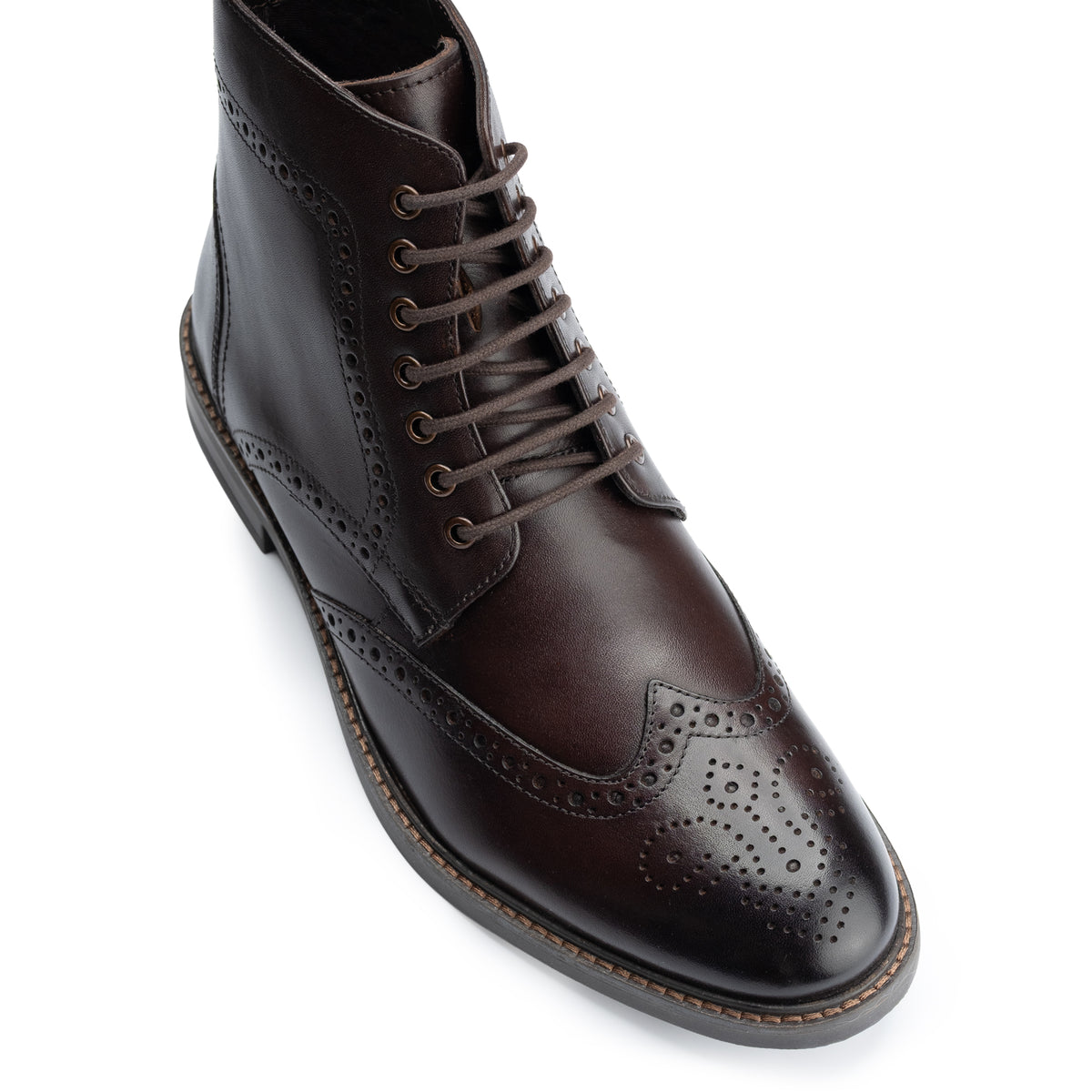 Aviemore Brogue Boot in Brown, close detail of the toe and upper