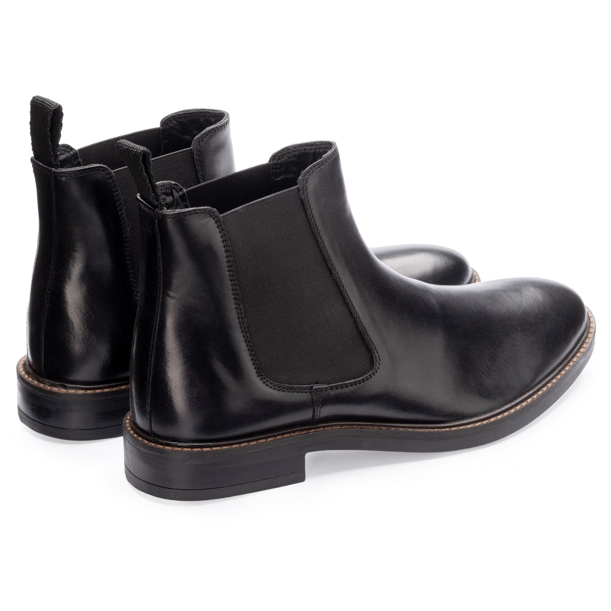 Bale Chelsea Boot in Black, the pair shown from behind at three-quarter angle