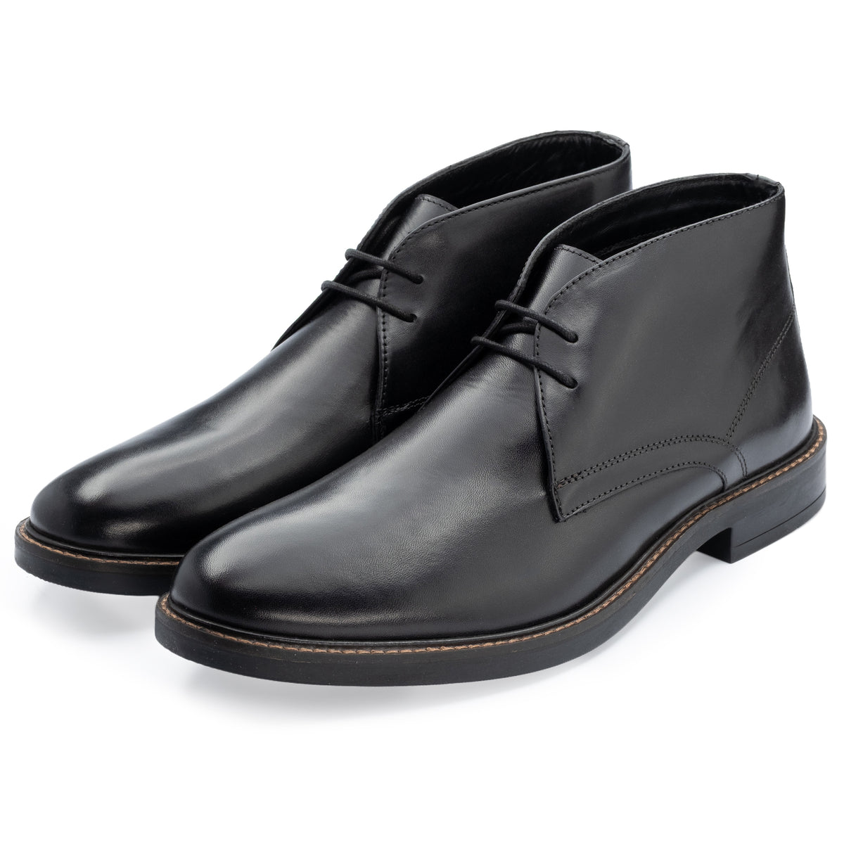 Oban Chukka Boot in Black, the pair shown from the front at three-quarter angle
