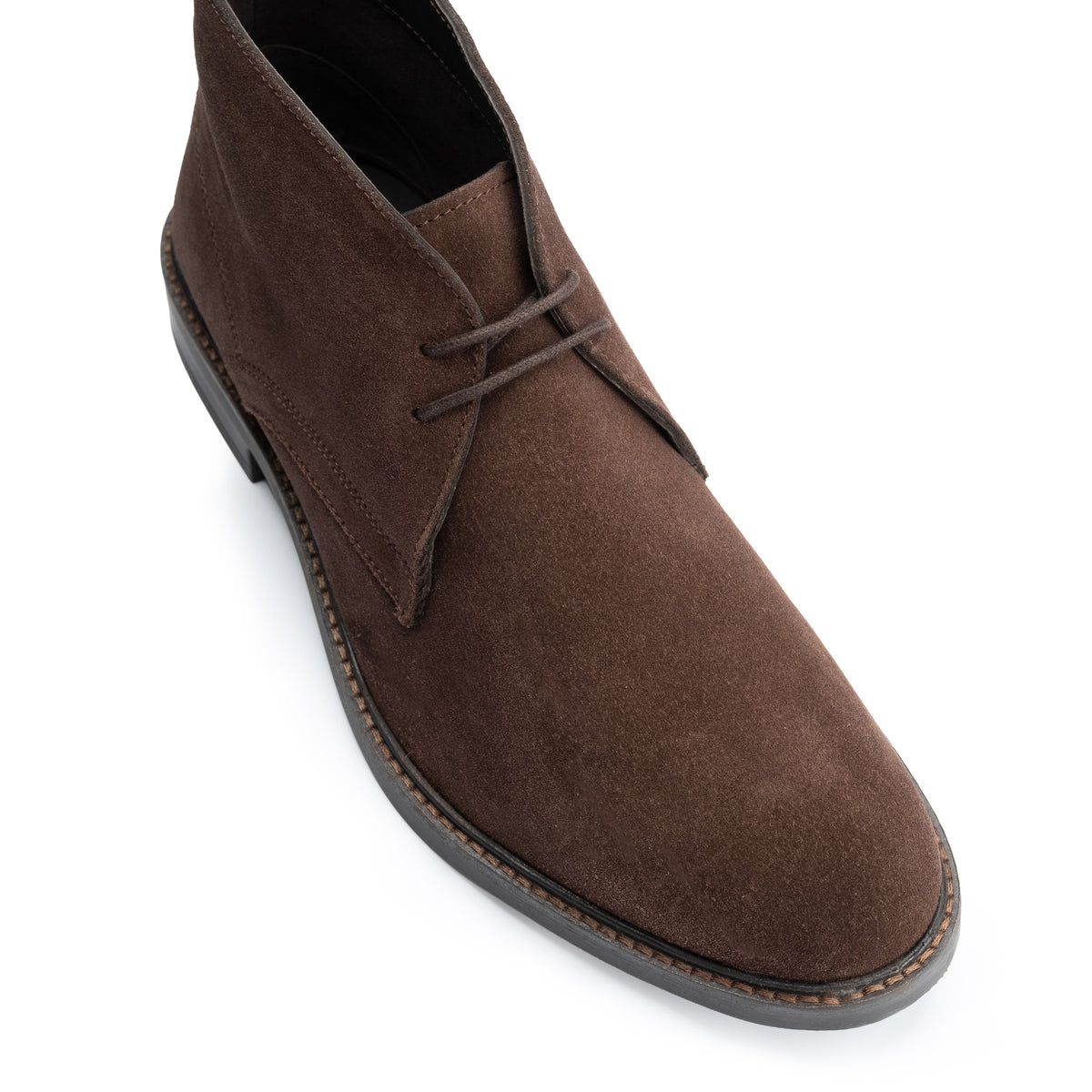 Oban Chukka Boot in Brown Suede, close detail of the toe and upper
