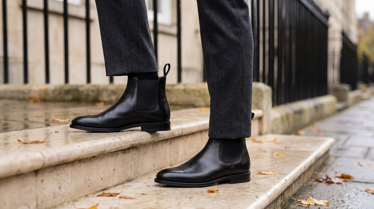 Brecon Chelsea Boot in black calf, worn with charcoal trousers on a stone step