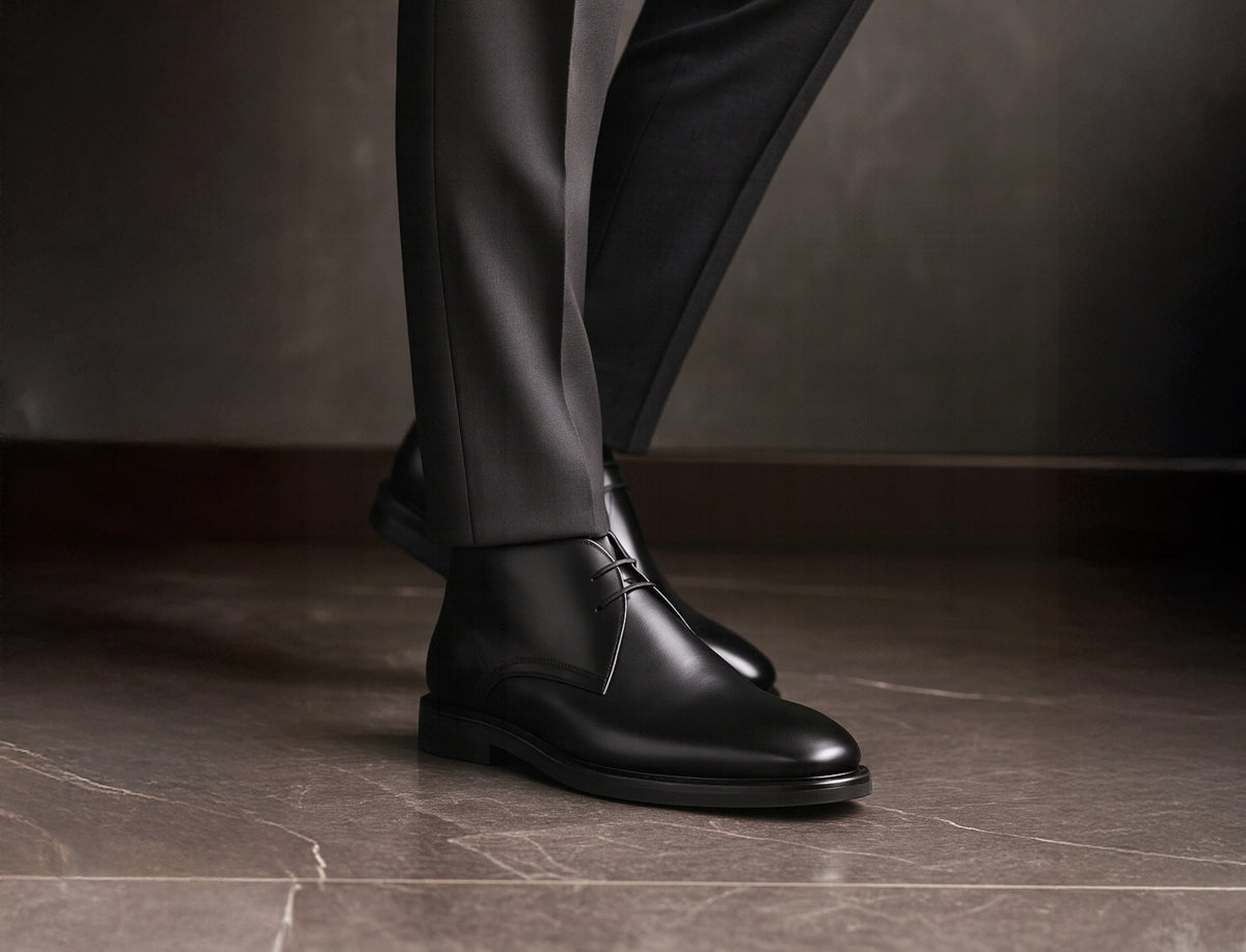 Castle Chukka Boot in black calf, worn under dark tailored trousers on a stone floor