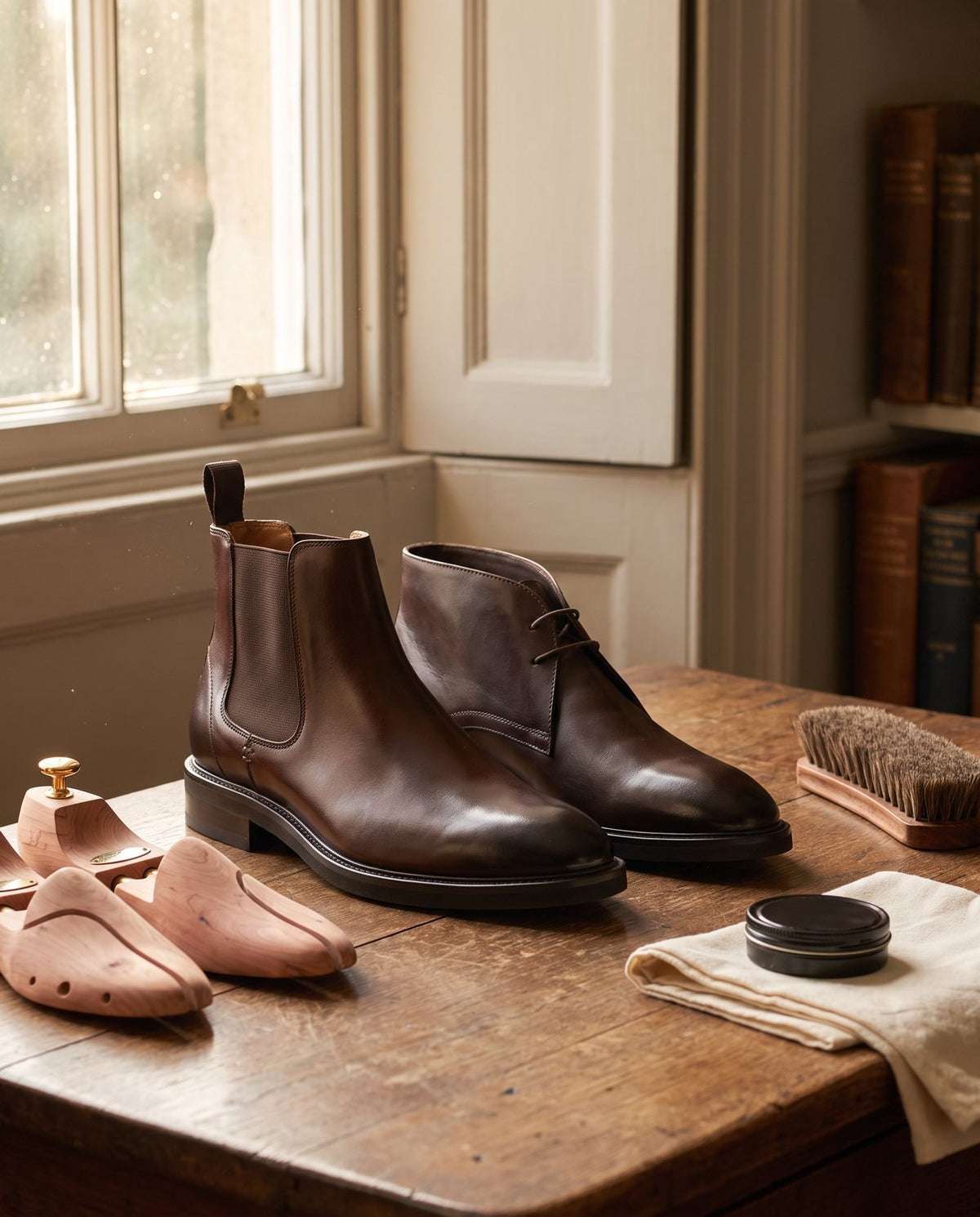 John White Chelsea and chukka boots with cedar shoe trees, a brush and polish on an oak table