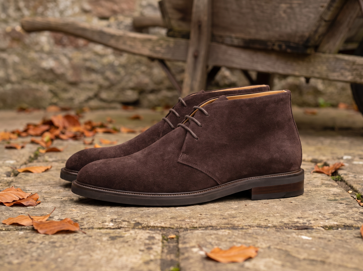 Wessex Chukka Suede Boot in Brown, a pair on stone flags with autumn leaves